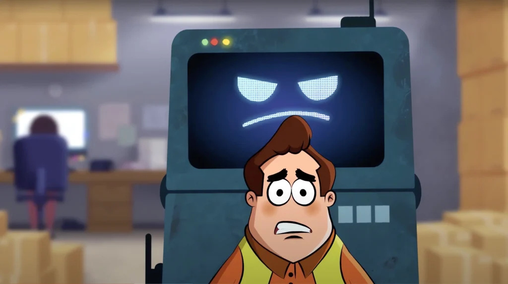 Still from the Taming the Machine animation: a worried warehouse worker watched over by a scowling robotic monitor